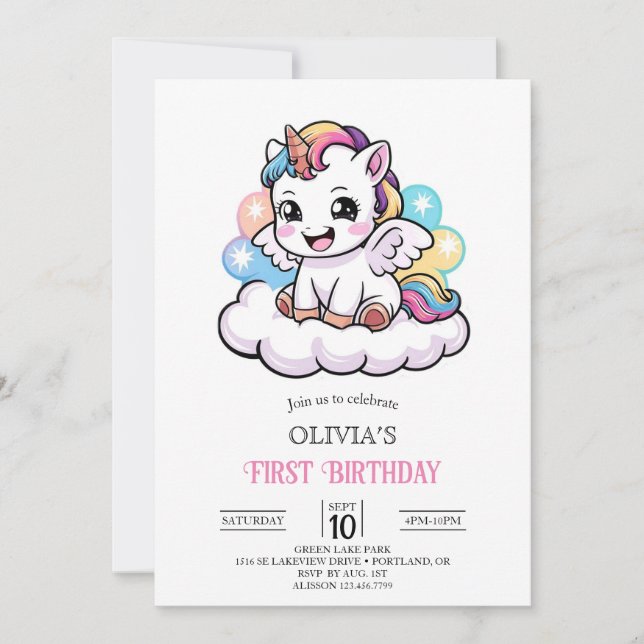 Invitación Primer cumpleaños de Magical Boho Digital Unicorn (Anverso)