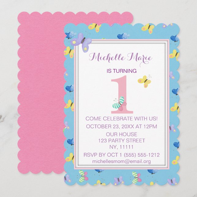Invitación Primer cumpleaños de Mariposa Azul Rosa (Anverso / Reverso)