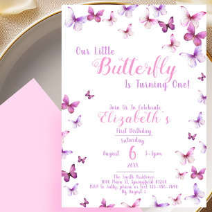 Invitación Primer Cumpleaños de Mariposa Pequeña Niña Rosa