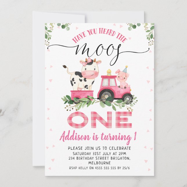 Invitación Primer cumpleaños de Moos de Vaca Rosada (Anverso)