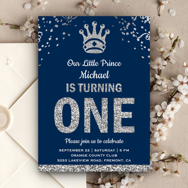 Invitación Primer cumpleaños de Navy Blue Silver Royal Prince (Subido por el creador)