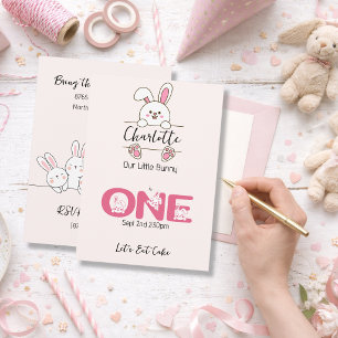 Invitación Primer Cumpleaños de Niña Conejo Rosa Adorable