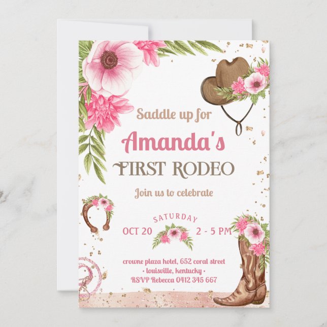 Invitación Primer cumpleaños de niña de rodeo Fiesta Rosa (Anverso)