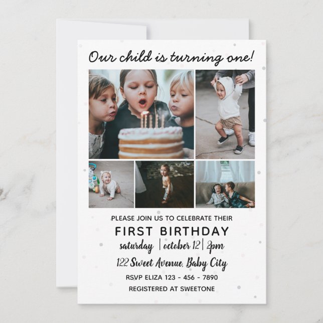 Invitación Primer cumpleaños de niño de cinco Collages de fot (Anverso)