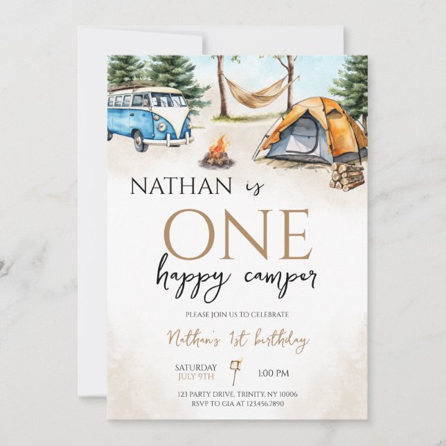 Invitación Primer cumpleaños de One Happy Camper Woodland (Anverso)