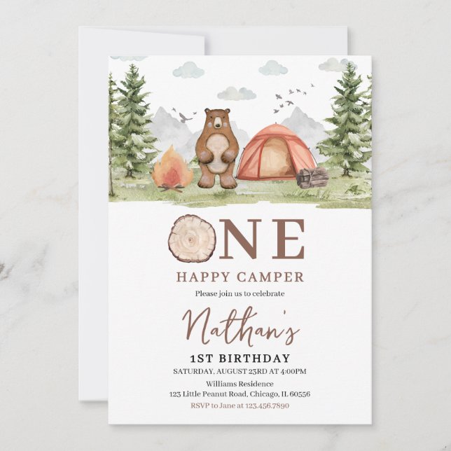 Invitación Primer cumpleaños de One Happy Camper Woodland (Anverso)