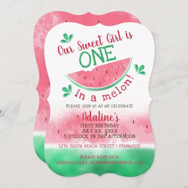 Invitación Primer Cumpleaños De One In A Melon Watercolor (Anverso / Reverso)