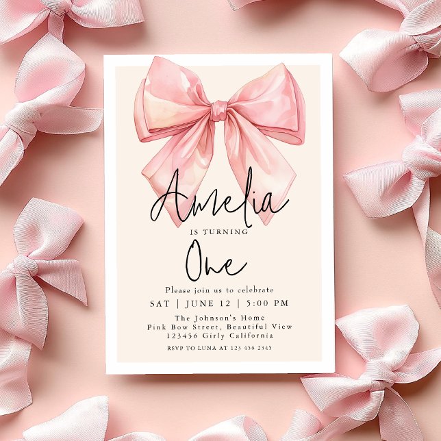 Invitación Primer cumpleaños de One Pink Bow Coquette (Subido por el creador)