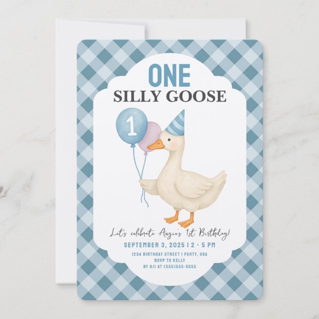 Invitación Primer cumpleaños de One Silly Goose (Anverso)