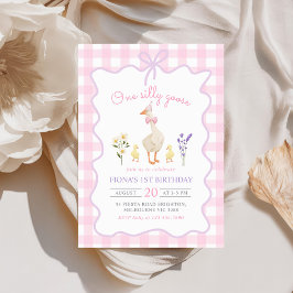Invitación Primer cumpleaños de One Silly Goose Pink Gingham