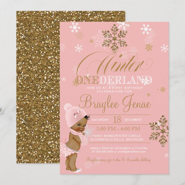 Invitación Primer cumpleaños de Onederland en invierno afroam (Anverso / Reverso)
