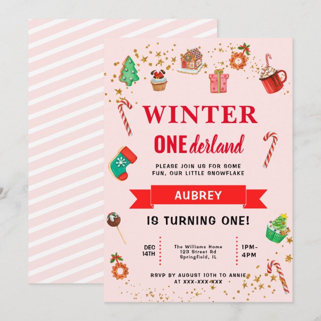 Invitación Primer cumpleaños de Onederland, invierno rosado (Anverso / Reverso)