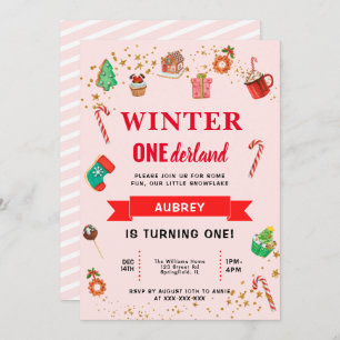 Invitación Primer cumpleaños de Onederland, invierno rosado