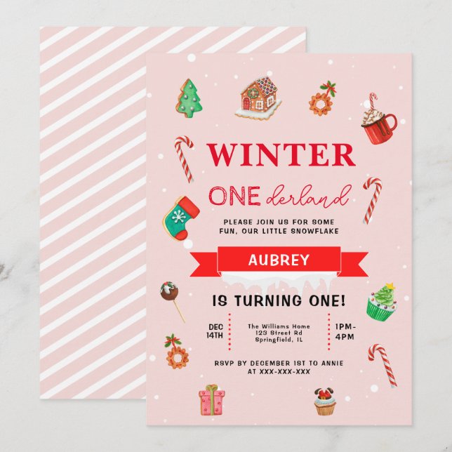 Invitación Primer cumpleaños de Onederland, Navidades rosados (Anverso / Reverso)