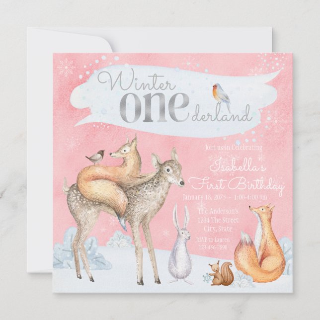 Invitación Primer cumpleaños de Onederland Woodland Winter (Anverso)