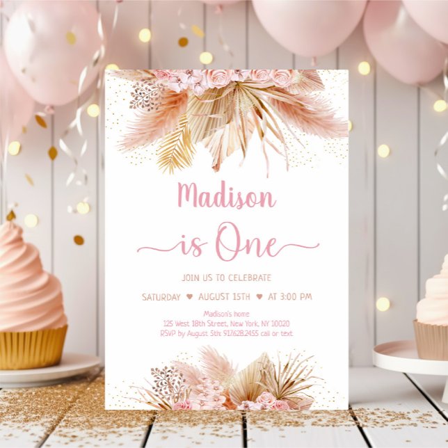 Invitación Primer cumpleaños de Pampas Grass Boho Pink Floral (Subido por el creador)