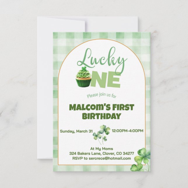 Invitación Primer cumpleaños de Patty con suerte un pastel (Anverso)