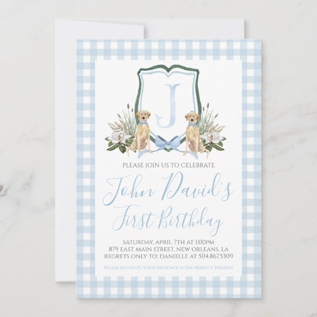 Invitación Primer cumpleaños de Perro Preppy Southern Blue Bo (Anverso)
