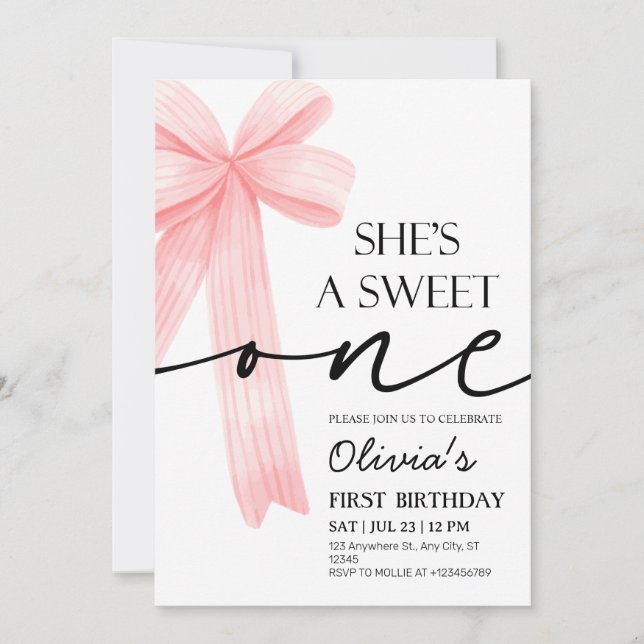 Invitación Primer cumpleaños de Pink Bow (Anverso)