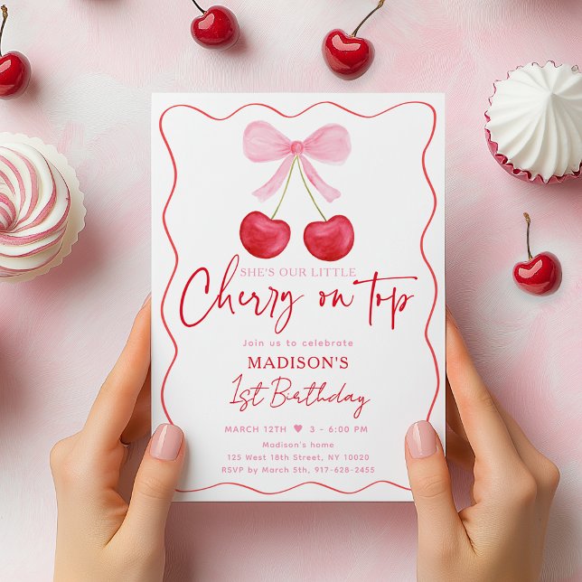 Invitación Primer cumpleaños de Pink Bow Cherry (Subido por el creador)