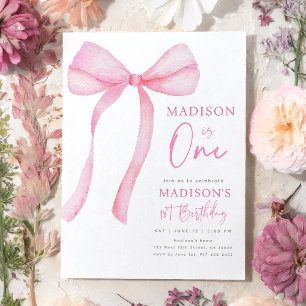 Invitación Primer cumpleaños de Pink Bow Coquette