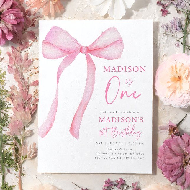 Invitación Primer cumpleaños de Pink Bow Coquette (Subido por el creador)