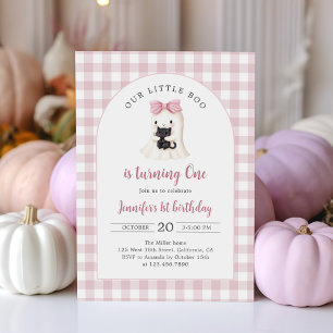 Invitación Primer cumpleaños de Pink Gingham Halloween Ghost