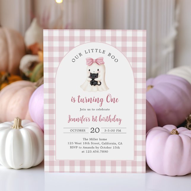 Invitación Primer cumpleaños de Pink Gingham Halloween Ghost  (Subido por el creador)