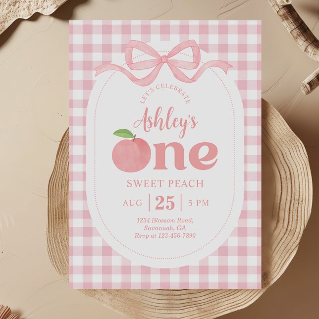 Invitación Primer cumpleaños de Pink Gingham Peach (Subido por el creador)
