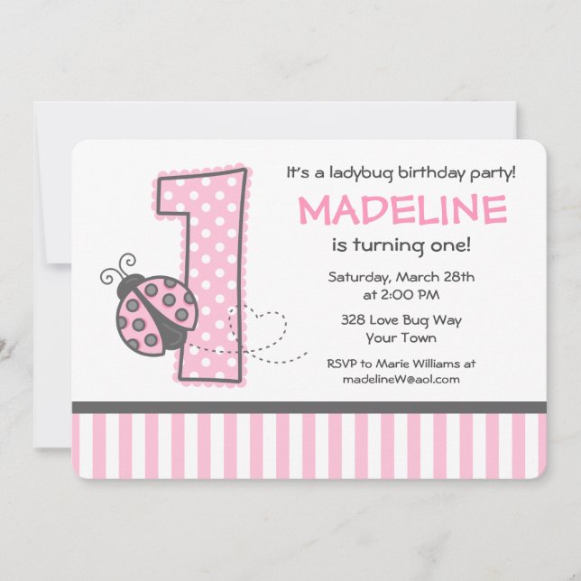 Invitación Primer cumpleaños de Pink Ladybug (Anverso)