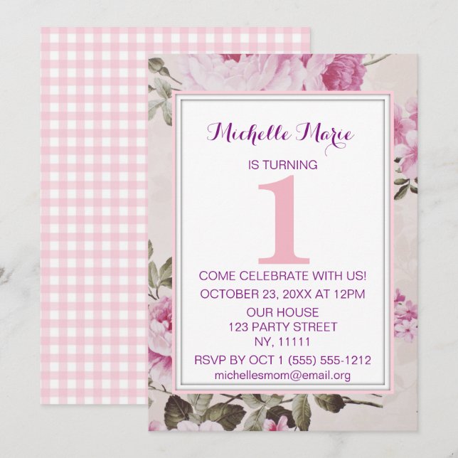 Invitación Primer cumpleaños de Pink Purple Floral Plaid (Anverso / Reverso)