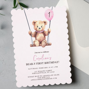 Invitación Primer cumpleaños de Pink Teddy Bear