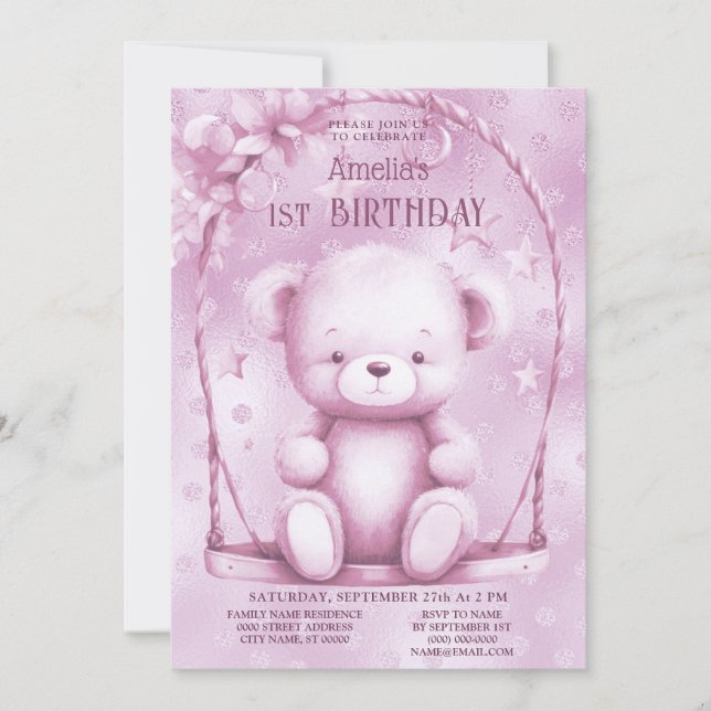 Invitación Primer cumpleaños de Pink Teddy Bear (Anverso)