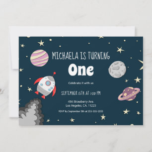 Invitación Primer cumpleaños de planetas y Chicas de cohetes 