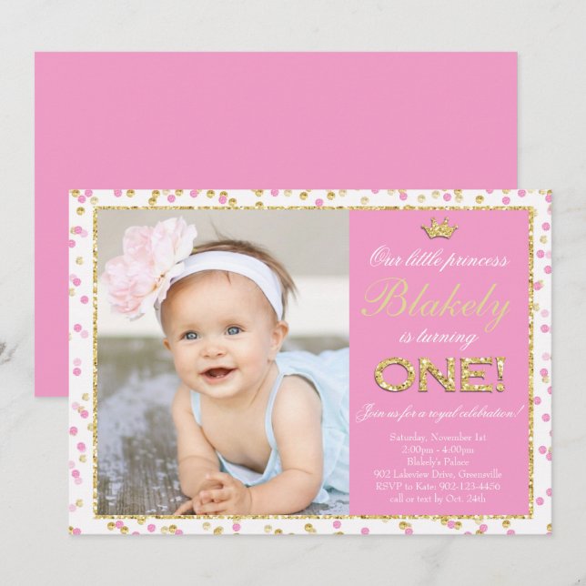 Invitación Primer cumpleaños de Princess Purpurina de Oro Ros (Anverso / Reverso)