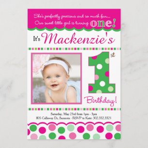 Invitación Primer cumpleaños de Punto de Polka Verde y Rosa P
