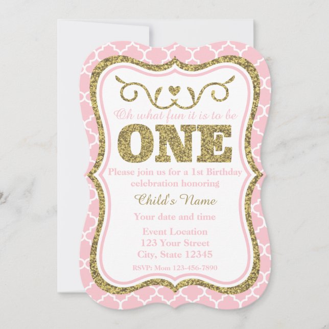 Invitación Primer cumpleaños de Purpurina de oro rosado (Anverso)