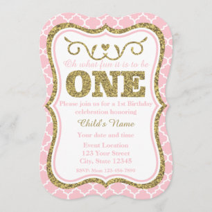 Invitación Primer cumpleaños de Purpurina de oro rosado