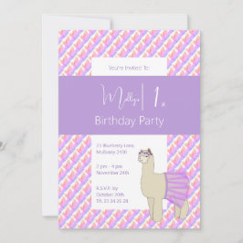 Invitación Primer cumpleaños de Rainbow Llama Purple Chicas