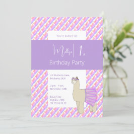 Invitación Primer cumpleaños de Rainbow Llama Purple Chicas
