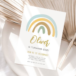 Invitación Primer cumpleaños de Rainbow Pastel Boho Muted Blu