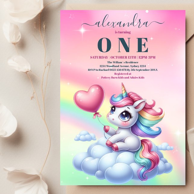 Invitación Primer cumpleaños de Rainbow Unicorn Gold Purpurin (Subido por el creador)