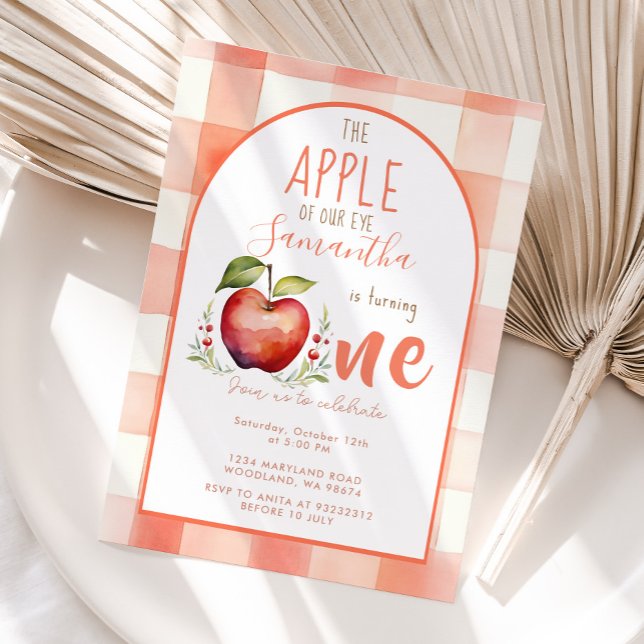 Invitación Primer cumpleaños de Red Gingham Apple Watercolor (Subido por el creador)
