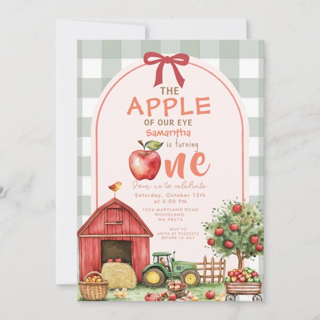 Invitación Primer cumpleaños de Red Green Gingham Apple Water (Anverso)