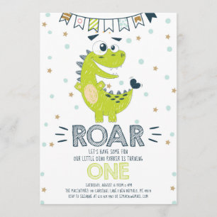 Invitación Primer cumpleaños de ROAR Green Dinosaur