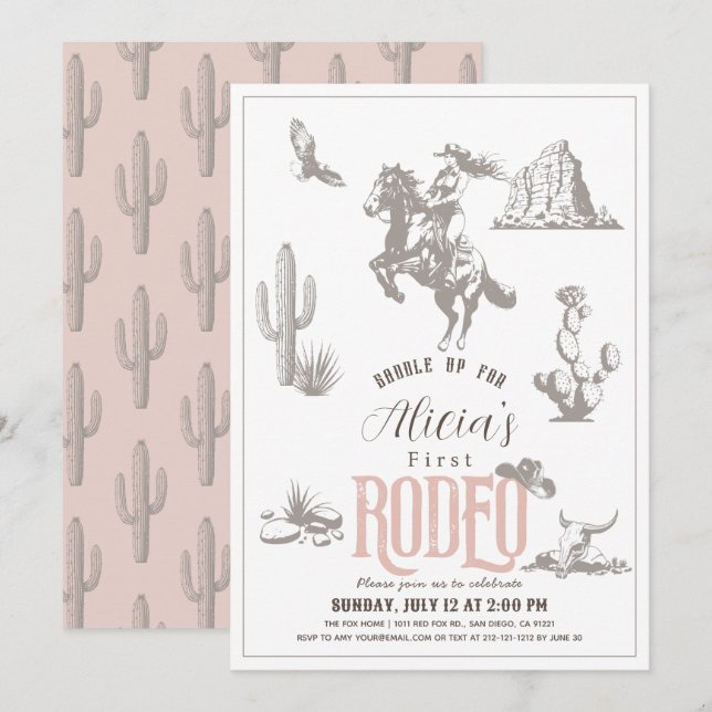Invitación Primer cumpleaños de Rodeo Chica Occidental Rosa (Anverso / Reverso)