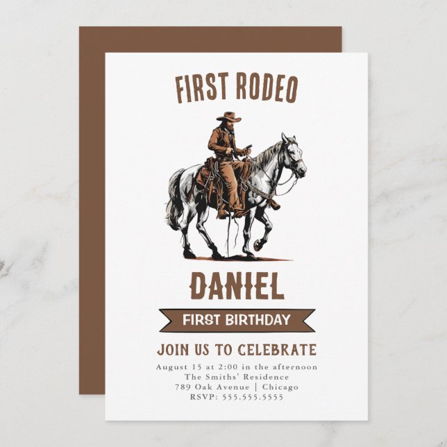 Invitación Primer cumpleaños de Rodeo Cowboy (Anverso / Reverso)