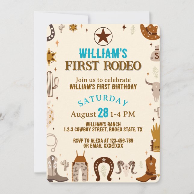 Invitación Primer cumpleaños de Rodeo Cowboy (Anverso)