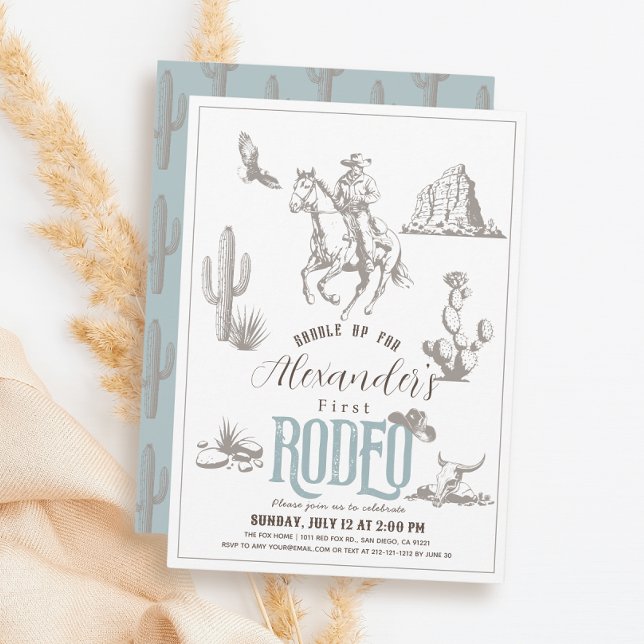 Invitación Primer cumpleaños de Rodeo Cowboy Western Blue (Subido por el creador)