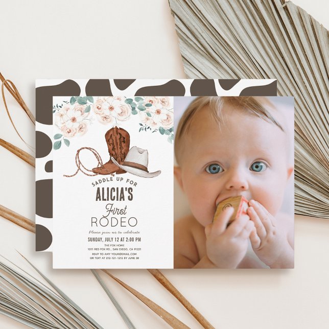 Invitación Primer cumpleaños de Rodeo Cowgirl Western Floral (Subido por el creador)